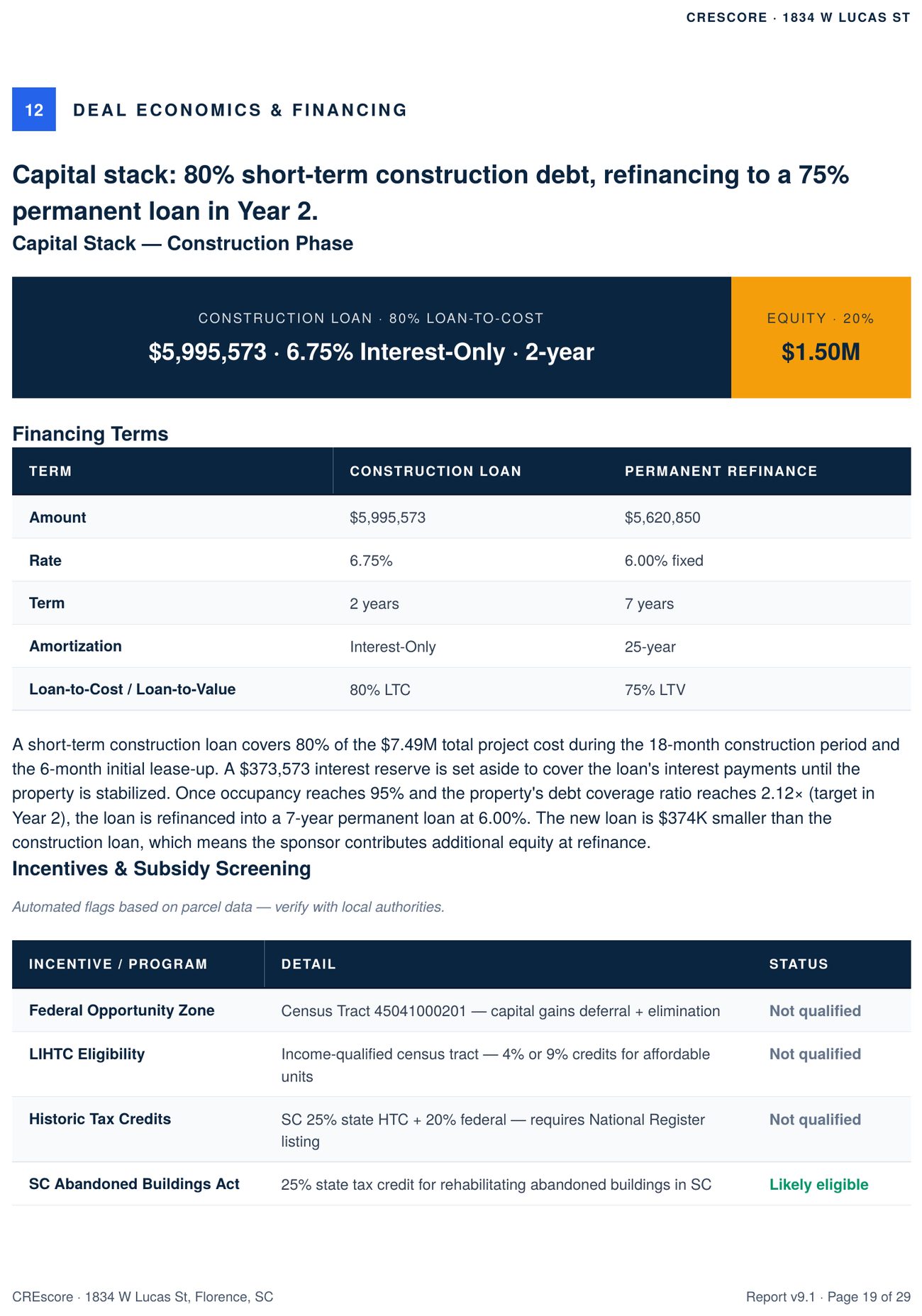 Deal economics and financing page.